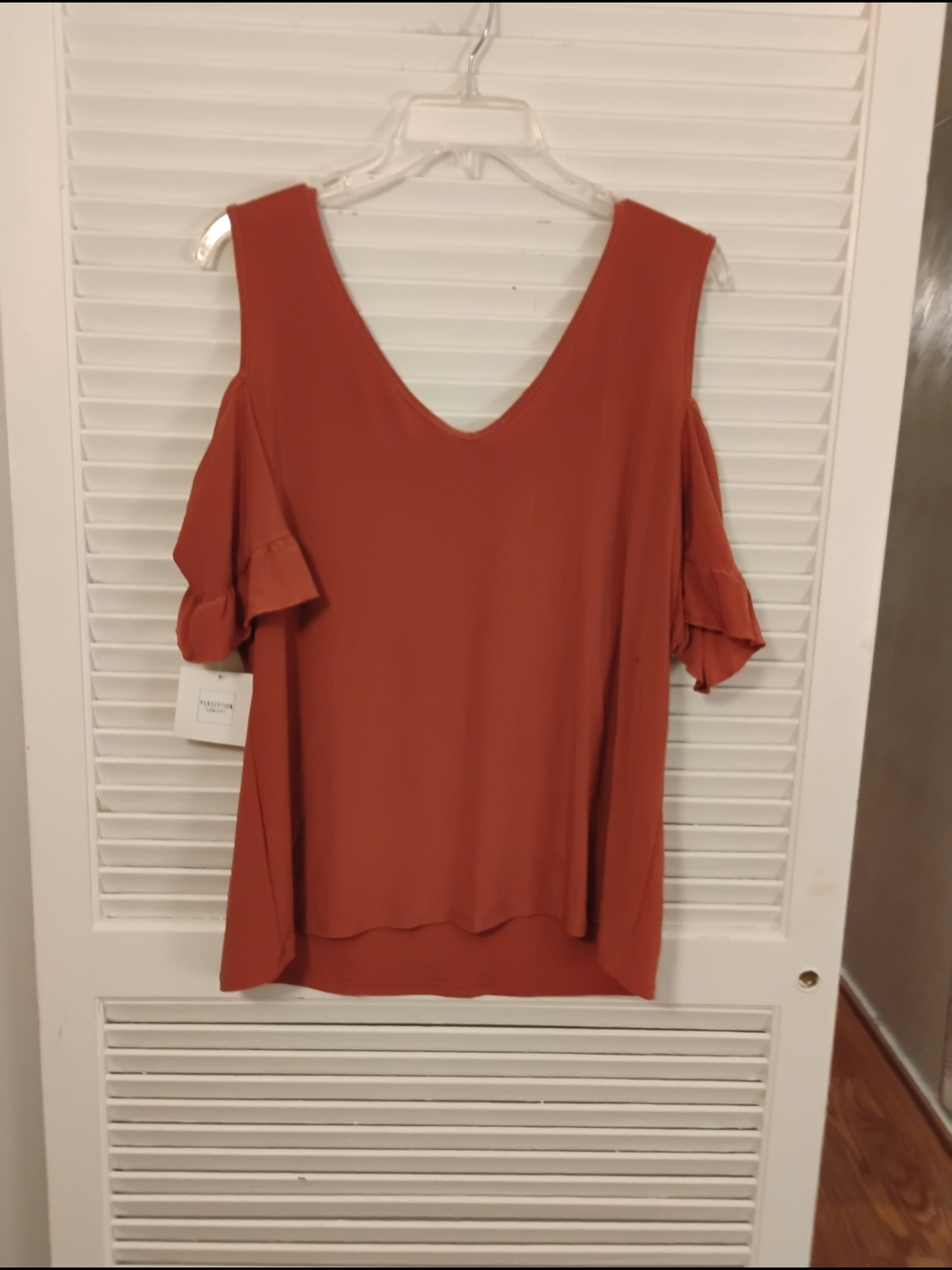 PerSeption Concept Rust Red Cold-Shoulder Ruffle V-Neck Top - Picture 7 of 7
